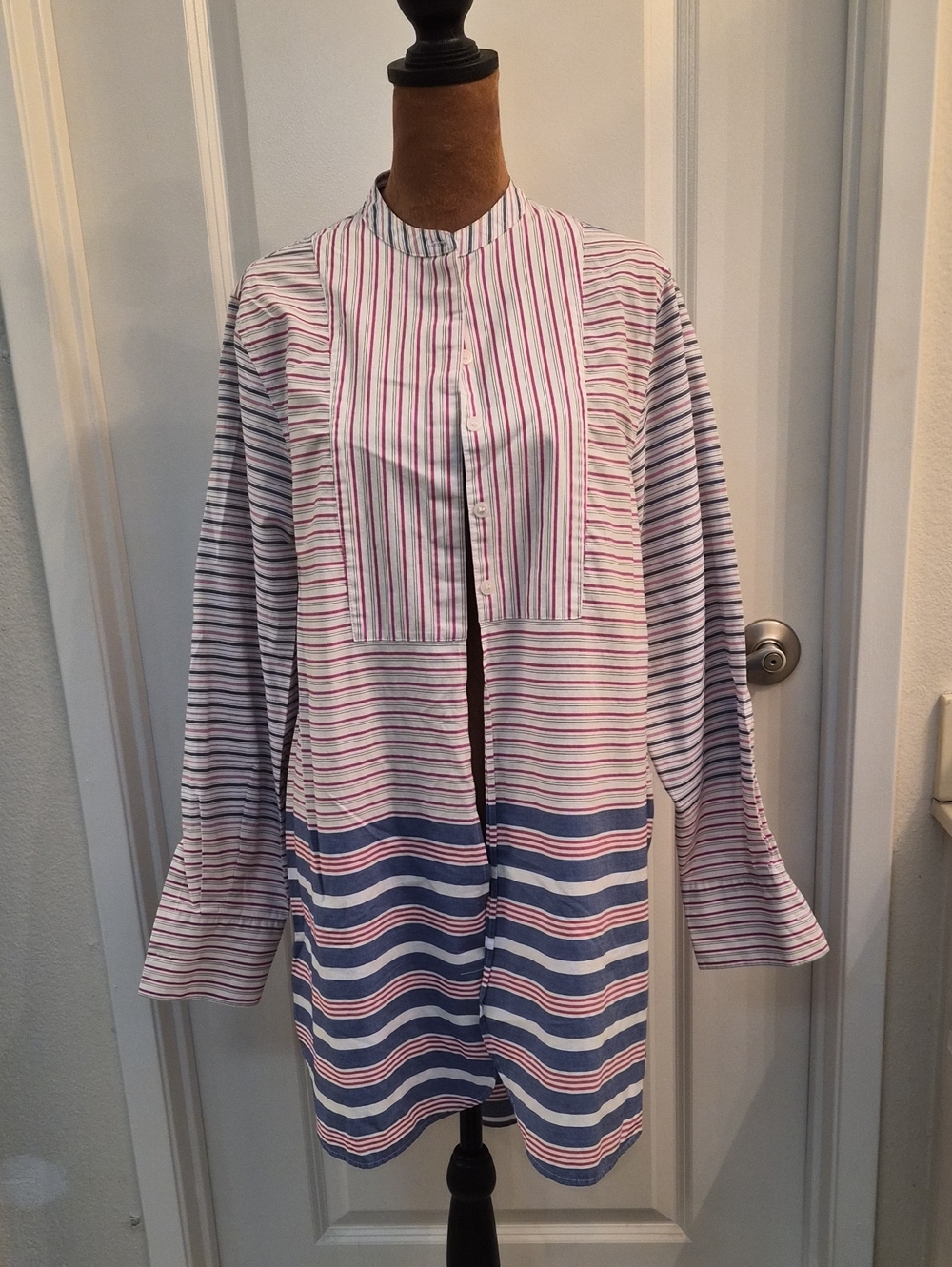 Tommy Hilfiger Pink and Blue Striped Mandarin-Collar Tunic